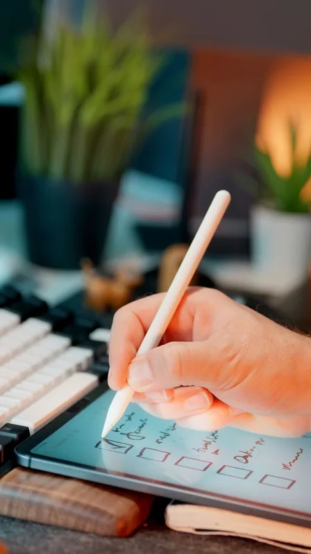 Hand die een checklist op een tablet afvinkt